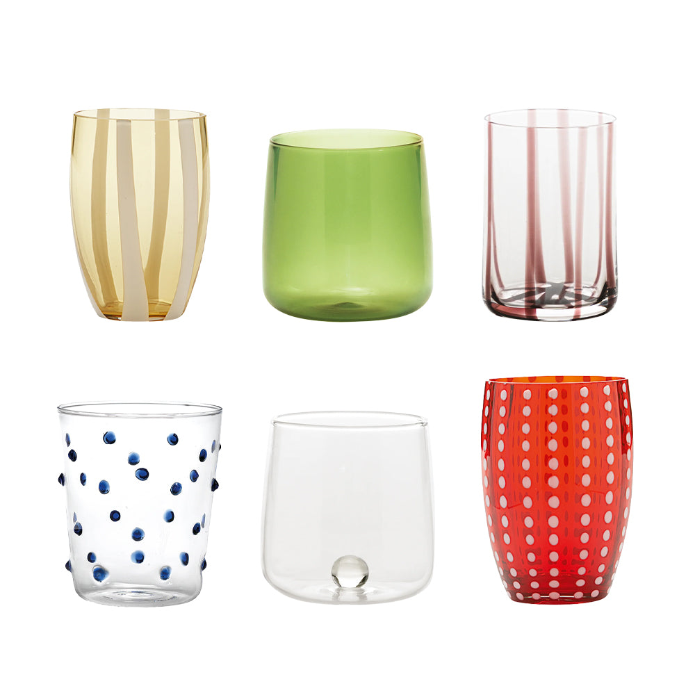 Zafferano Meltin Pot Spritz Berry Assorted Line and Color Water Glasses in Glass - Set 6 pcs