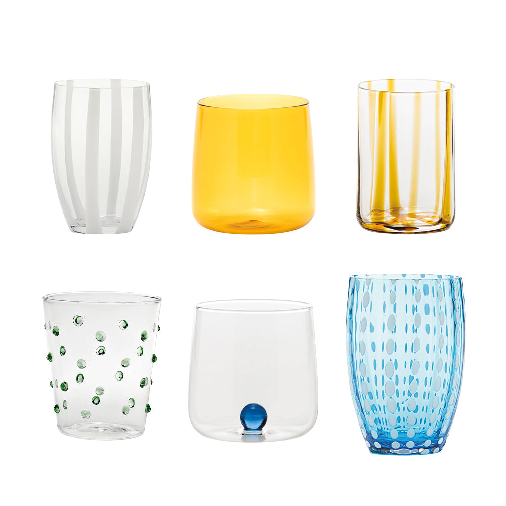 Zafferano Meltin Pot Mediterranean Classic Waterglazen assorted lijnen en kleuren van glas - Set 6 stuks