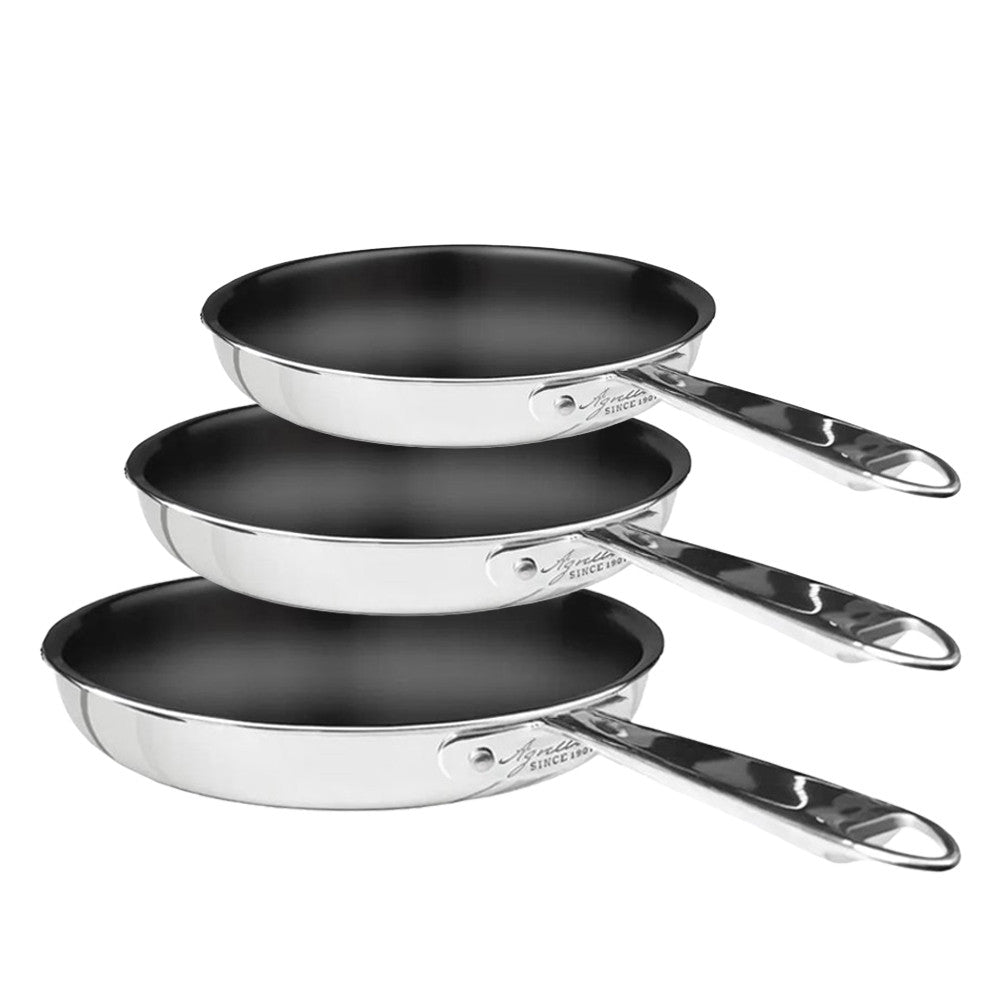28-24-20 cm - Agnelli Alu-Inox Non-Stick Tris Padelle Basse Antiaderenti In Alluminio Con Manico Acciaio Inox - Set 3 Pz