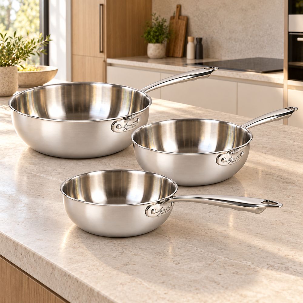 20-24-28 cm - Alu-Inox 3-Ply Set Hoge Sauteerpannen voor Romig Afwerken met AluInox Handgrepen - 3-delig