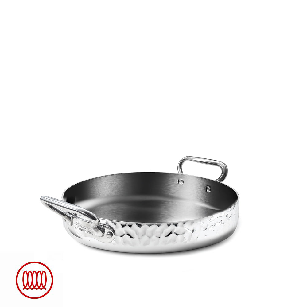Round hammered silver-colored aluminum frying pan with two handles, on white background, red induction stove symbol bottom left