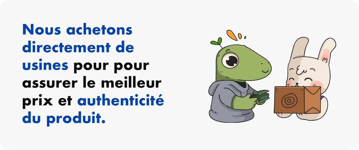 Testo in francese blu e nero e due personaggi disegnati: un dinosauro verde in felpa grigia con banconote e un coniglio bianco che tiene