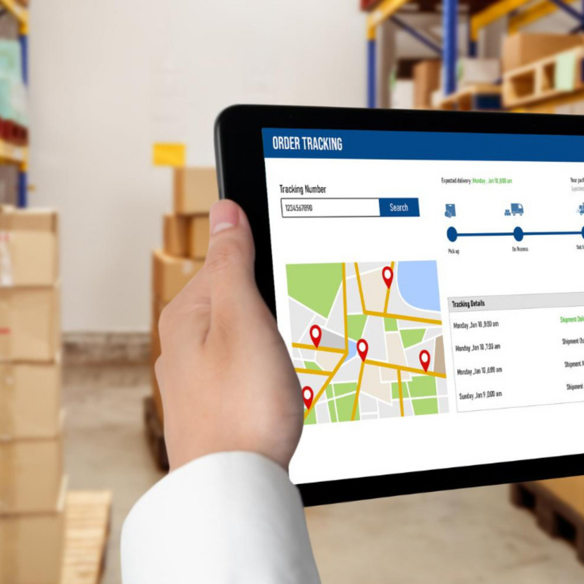 Hand holding black tablet with white screen showing map with red markers and order tracking in