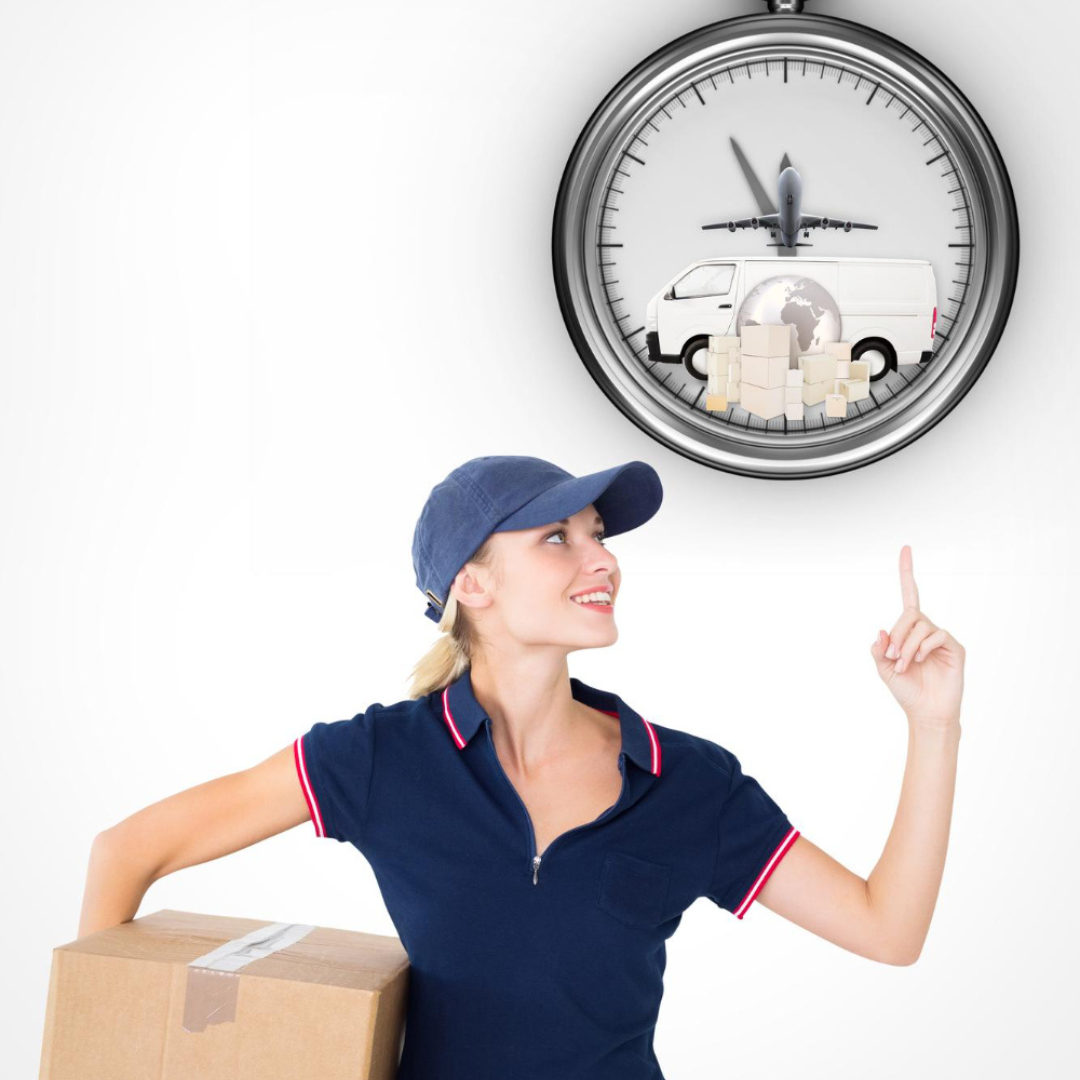 Girl in blue uniform and cap holding a cardboard package smiling towards a clock with delivery van
