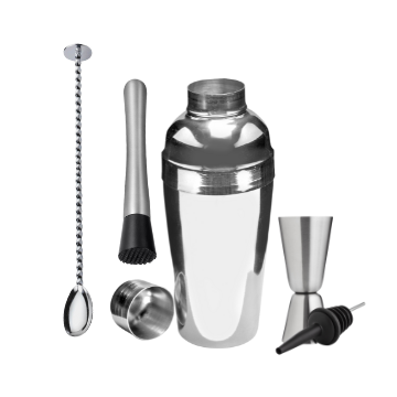 Set da bartender in acciaio inox composto da shaker, misurino, muddler, cucchiaio da cocktail e tappo
