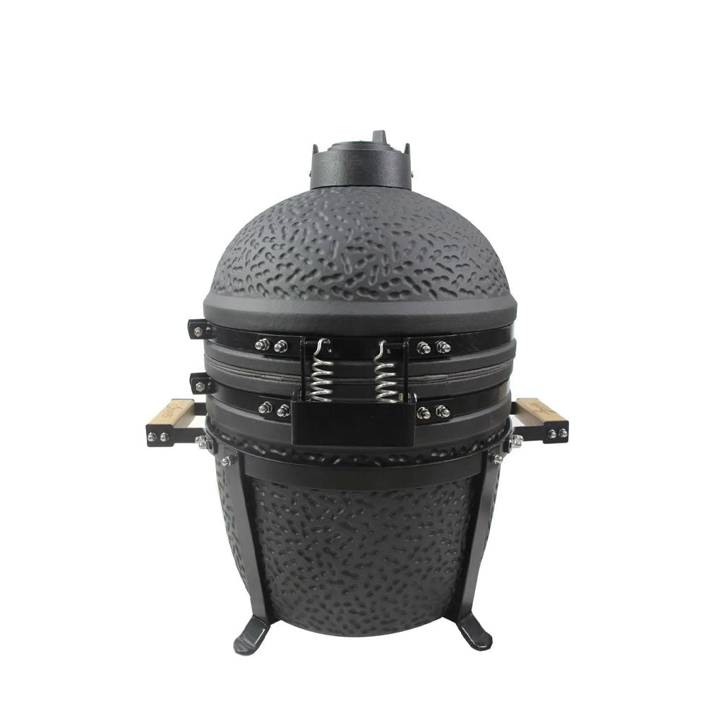 Barbecue à charbon en forme d'œuf noir avec structure en céramique, poignées en bois et base de support métallique.