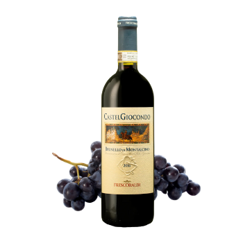 Bottiglia di vino rosso CastelGiocondo Brunello di Montalcino 2015 con grappolo d'uva scura sullo sfondo