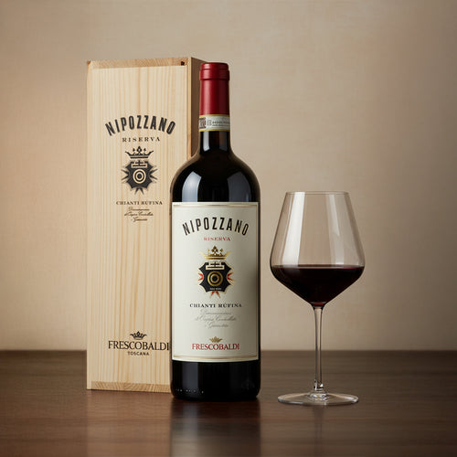 Bottiglia di vino rosso Nipozzano Riserva con etichetta bianca, tappi rosso, calice con vino e scatola di legno светлая sullo sfondo.