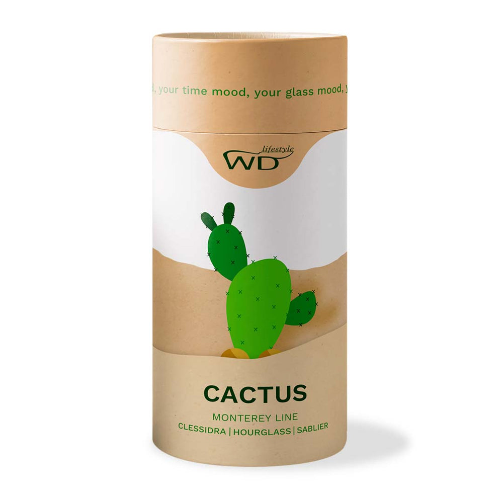 Emballage cylindrique beige avec dessin de cactus vert et inscriptions vertes dont Cactus Monterey Line Clessidra Hourglass Sablier.