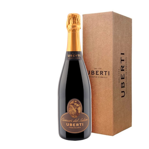 Bouteille noire avec étiquette marron orange Comari del Salem Uberti Franciacorta et coffret marron avec inscription Uberti en noir sur fond blanc.