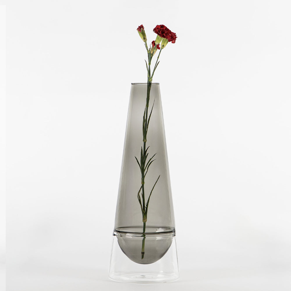 vase en verre transparent et fumé de forme allongée et base cylindrique, fleur rouge insérée, fond blanc uniforme
