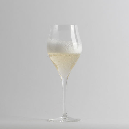 calice di vetro trasparente con liquido frizzante bianco su sfondo grigio chiaro