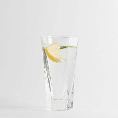 bicchiere trasparente quadrato con acqua, fetta di limone e rametto verde su sfondo bianco