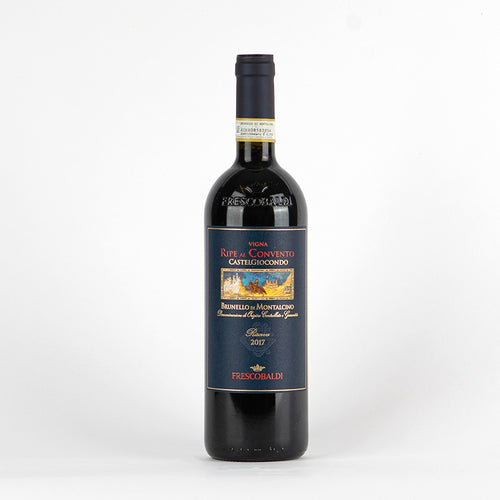 bottiglia di vino rosso con etichetta blu e scritte rosse e oro con nome Frescobaldi, anni 2017, su sfondo bianco