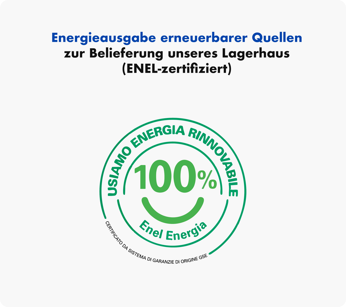 Certificazione verde circolare con scritta "USIAMO ENERGIA RINNOVABILE 100% Enel Energia" su sfondo bianco.