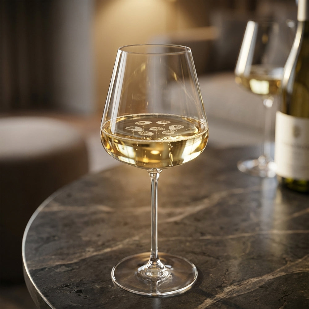 Calice di vino trasparente con bevanda gialla, posato su un tavolo in marmo scuro, sfondo sfocato con altri bicchieri e una bottiglia.