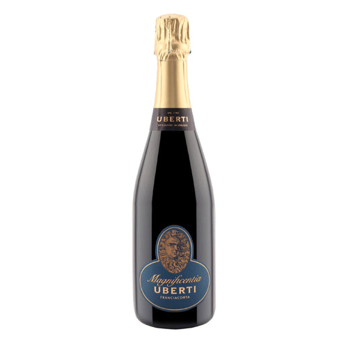Schwarze Schaumweinflasche mit blau-goldenem Etikett, umhüllt von eleganten Details und goldenem Verschluss.