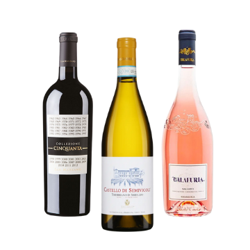 Tre bottiglie di vino con etichette visibili, bottiglia rossa, bianca e rosata, sfondo bianco.