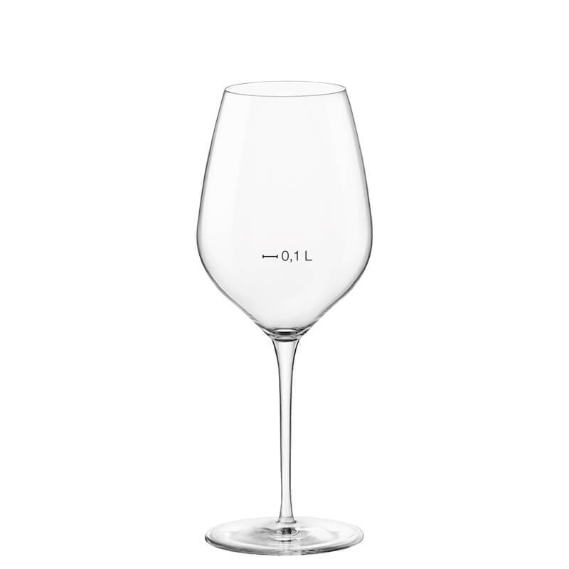 Transparentes Glas-Weinglas mit dünnem Stiel, länglicher Form, Fassungsvermögen 0,1 L auf weißem Hintergrund.