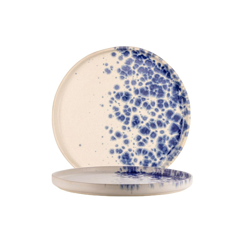 Deux assiettes rondes en céramique beige avec décoration tachetée bleue concentrée sur la moitié de la surface, fond blanc simple.