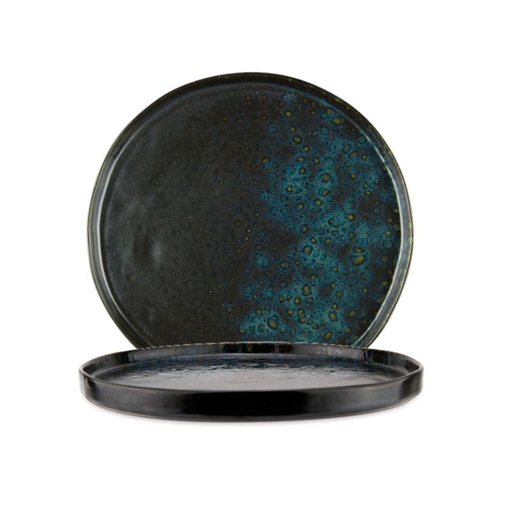 deux assiettes rondes en céramique brillante, noires avec motif bleu et jaune, sur fond blanc isolé