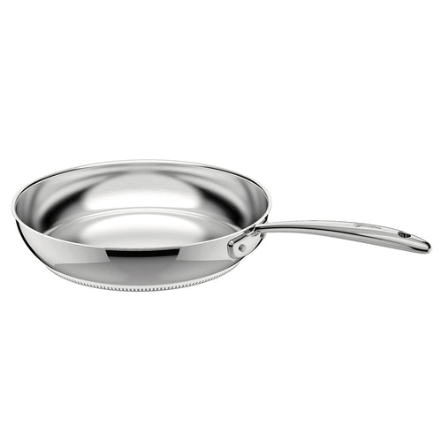 Padella in acciaio inox lucido con manico integrato effetto satinato, senza rivestimento interno, su sfondo bianco.