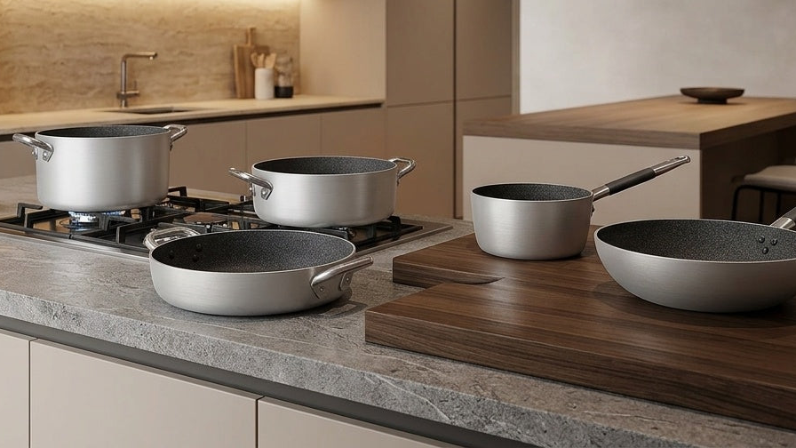 Set di pentole e padelle Lo Squalo su una cucina moderna.
