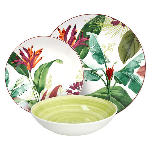 set di tre piatti in ceramica con decorazioni floreali tropicali verdi, rossi e arancioni e piatto fondo verde chiaro a righe concentriche