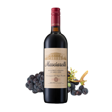 Bottiglia di vino rosso Masciarelli Montepulciano d'Abruzzo con grappolo d'uva nera e fiori su sfondo bianco.