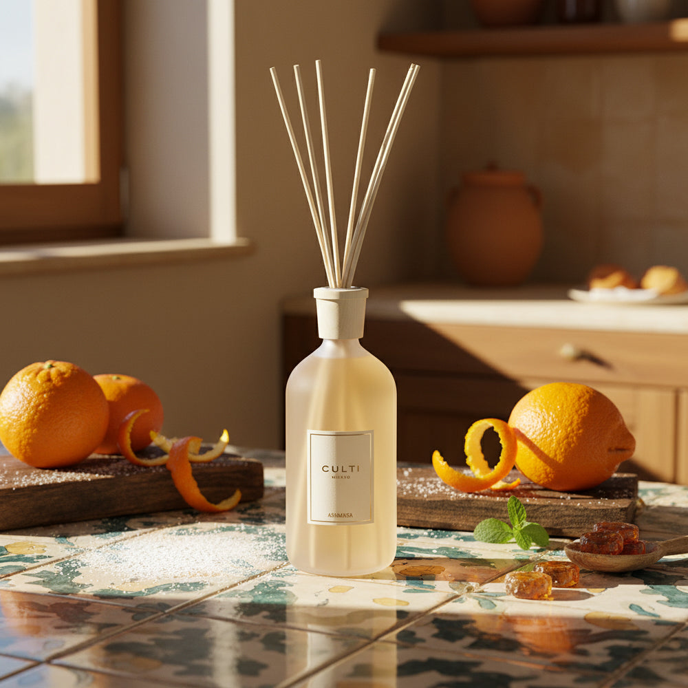 Bouteille en verre satiné beige avec bâtonnets parfumés, oranges entières et zestes, petits objets ambrés et carreau décoratif.