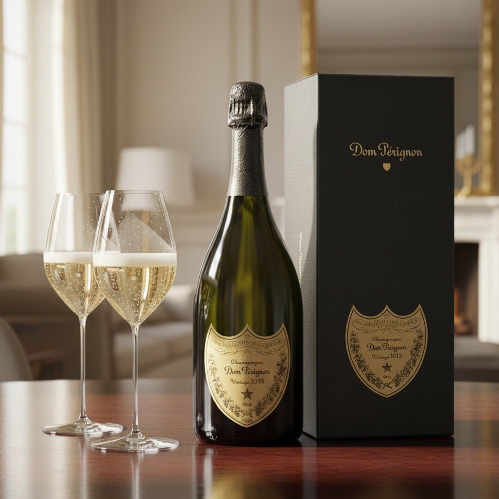bottiglia di champagne Dom Pérignon vintage 2013 verde con etichetta dorata accanto a due flute di vetro pieni e confezione nera con logo dorato su