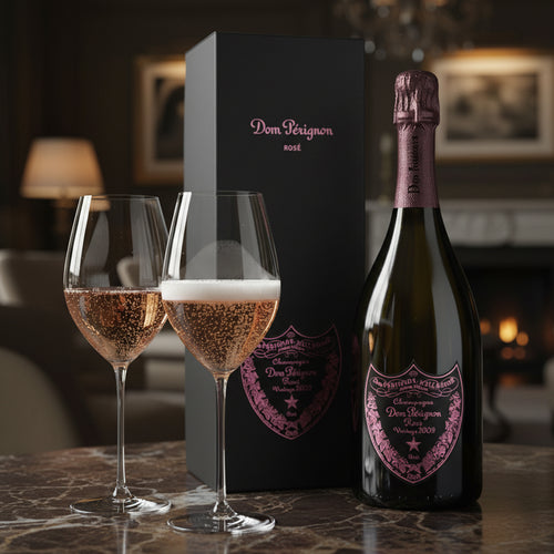 Bouteille de champagne Dom Pérignon Rosé millésime 2009 avec deux calices de vin rosé pétillant sur table en marbre, intérieur élégant avec cheminée