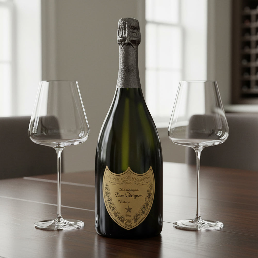 Bottiglia di champagne Dom Pérignon vintage verde scuro con etichetta dorata, affiancata da due calici di vetro trasparente, su tavolo di legno.