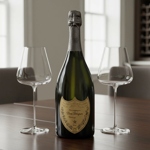 Bottiglia di champagne Dom Pérignon vintage verde scuro con etichetta dorata, affiancata da due calici di vetro trasparente, su tavolo di legno.