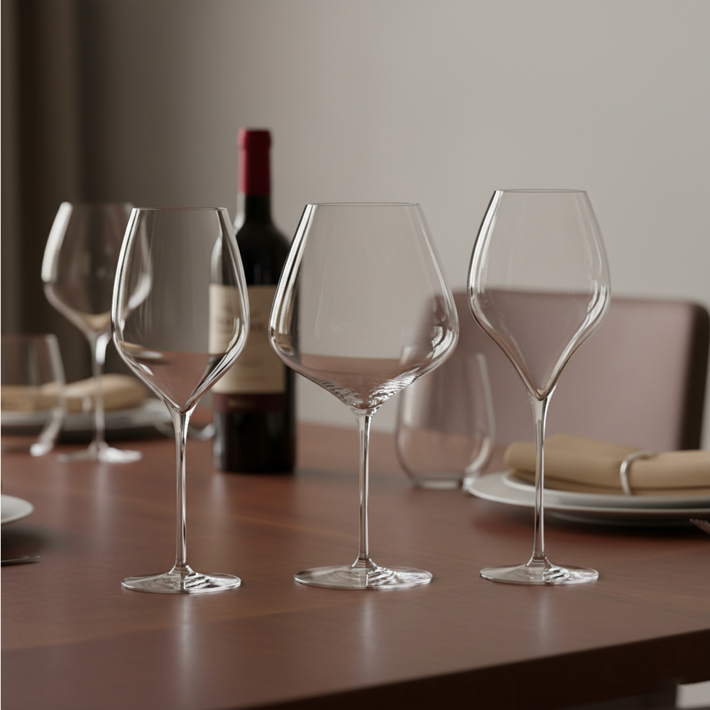 Drie transparante glazen kelken met dunne stelen in verschillende vormen op houten tafel met rode wijnfles en gedekte tafel op achtergrond.