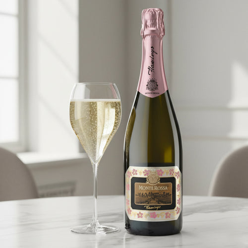 bottiglia di spumante Monte Rossa con etichetta decorata rosa e nera accanto a calice trasparente con bevanda frizzante su tavolo bianco in ambiente