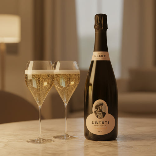 Bouteille de vin mousseux Uberti Franciacorta Brut noire avec étiquette beige et deux calices transparents avec mousseux doré sur table en marbre blanc