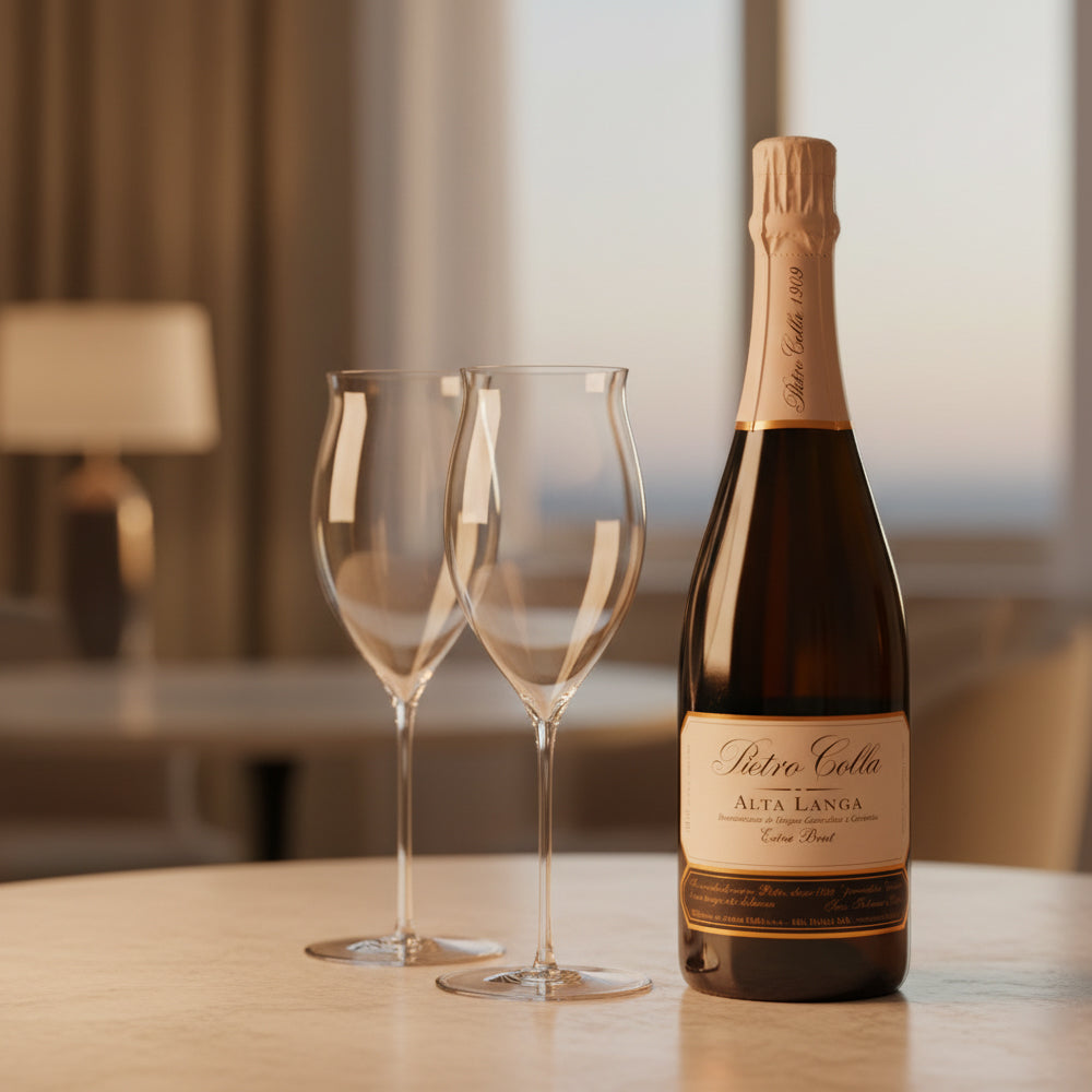 Donkere Pietro Colla Alta Langa Extra Brut mousserende wijnfles naast twee transparante glazen op lichte tafel, interieur met wazige lamp.