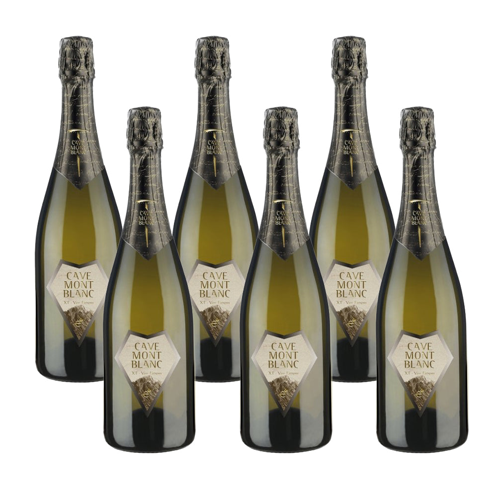 Sette bottiglie di spumante con etichetta "CAVE MONT BLANC", di colore verde e nero con tappi a gabbietta.