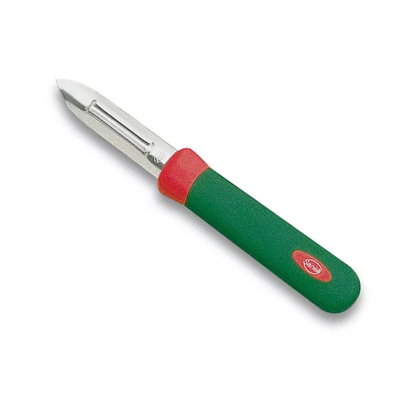 Pelapatate con lama in metallo e manico ergonomico in plastica verde e rossa con logo Sanelli.