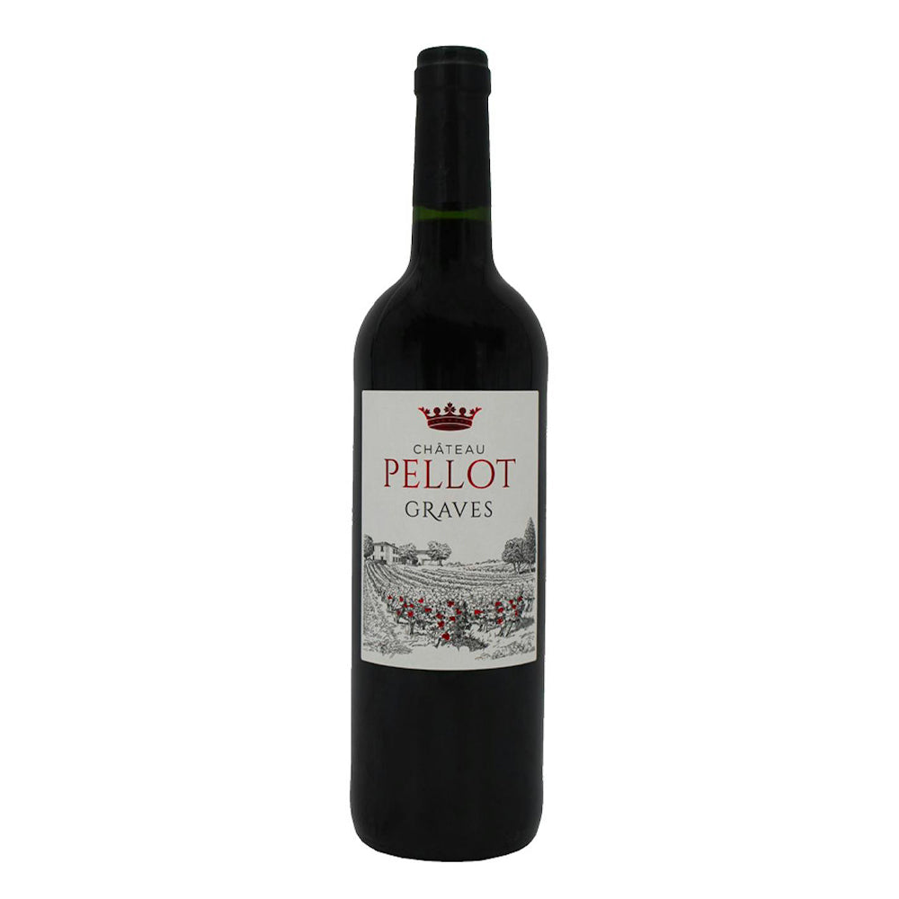 Botella de vino tinto Château Pellot Graves con etiqueta blanca y diseño de viñedo sobre fondo blanco