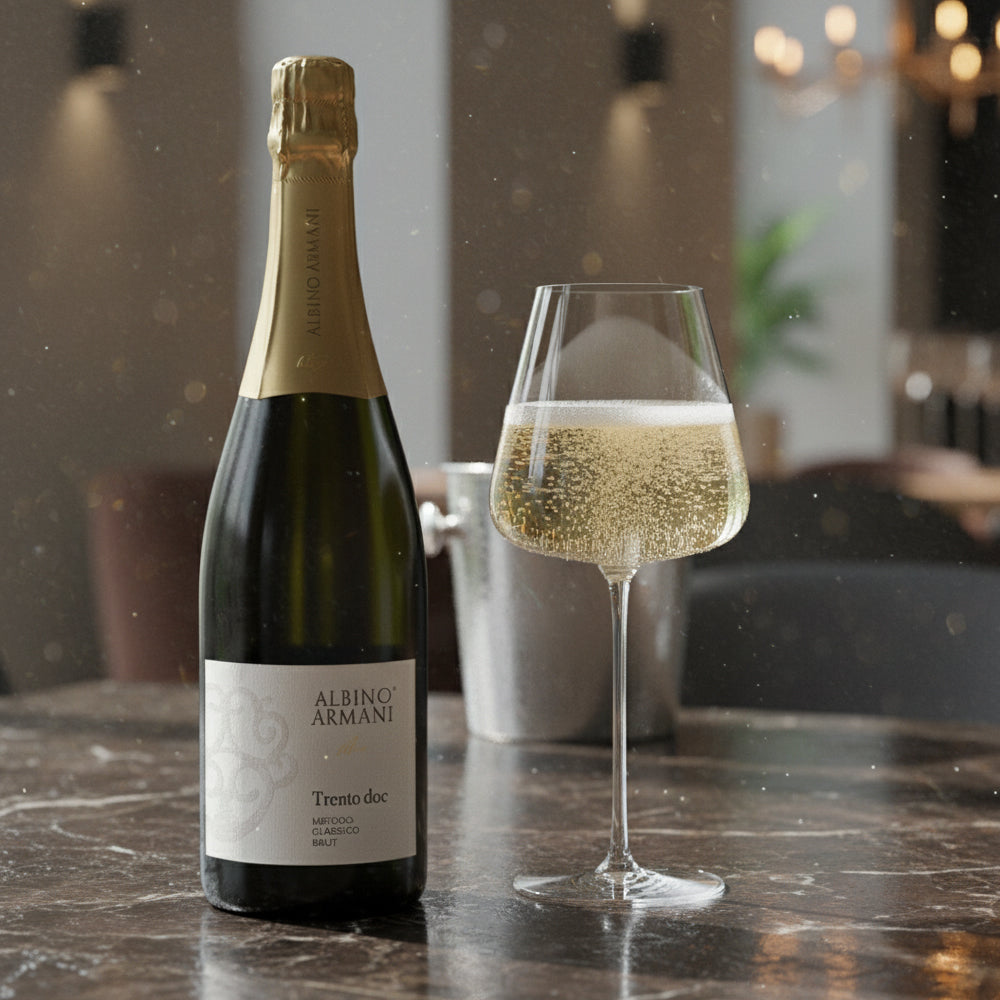 Bottiglia di vino Albino Armani Trento doc con etichetta bianca e chiusura dorata accanto a calice trasparente con vino spumante dorato su tavolo in