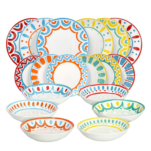 Set aus weißen Keramiktellern mit bunten geometrischen und wellenförmigen Mustern, einschließlich flacher Teller und Schüsseln, auf weißem Hintergrund.