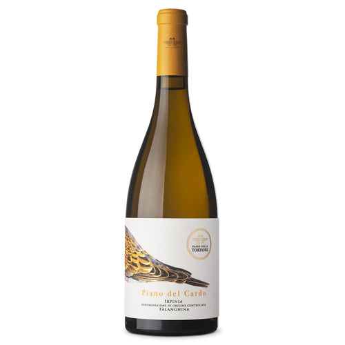 Weißweinflasche mit weißem Etikett mit braun-gelbem Vogelflügel und Text Passo delle Tortore Piano del Cardo Irpinia