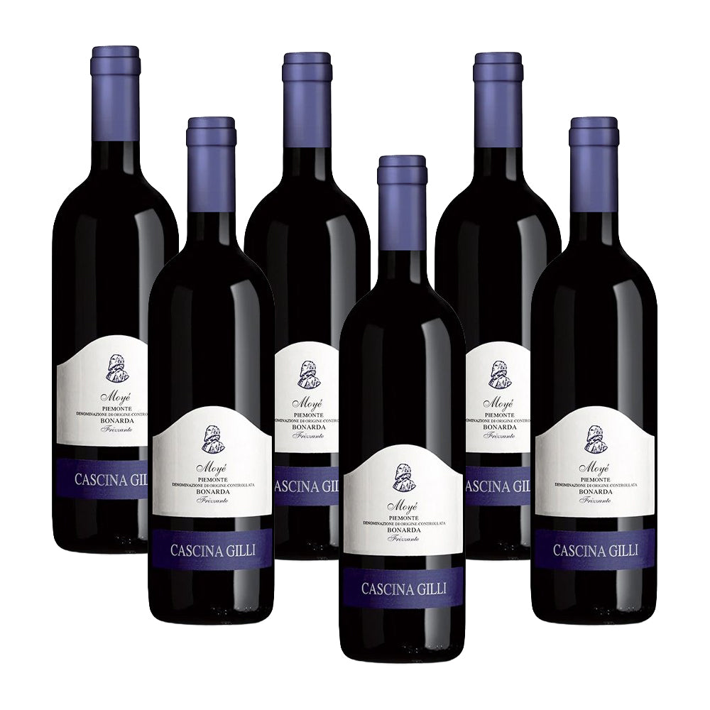 Six bouteilles de vin rouge avec étiquettes blanches et bleues, disposées symétriquement, sur fond neutre.