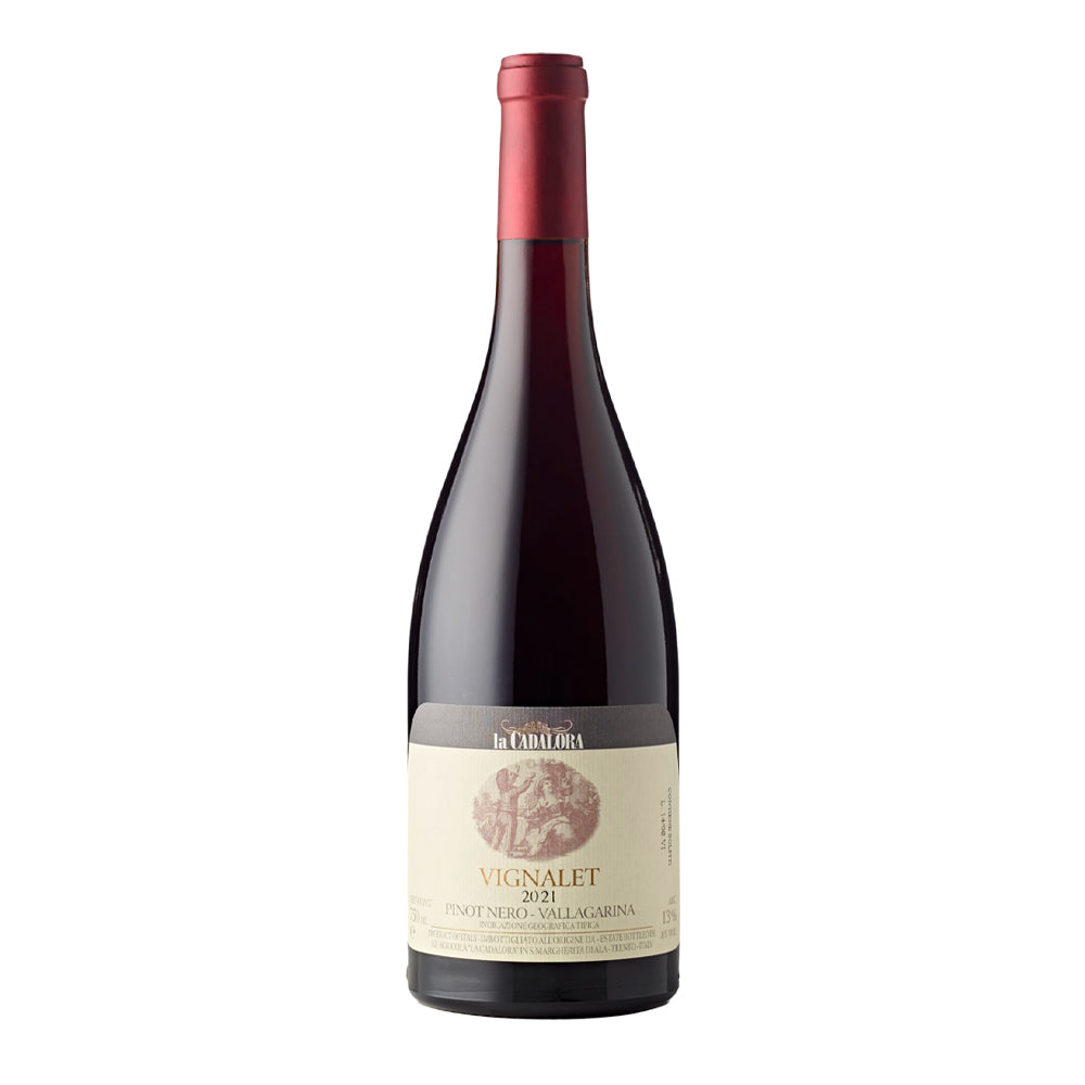 Botella de vino tinto con etiqueta beige e inscripciones negras, tapón rojo. Nombre: Vignalet, año: 2021, variedad: Pinot Nero.