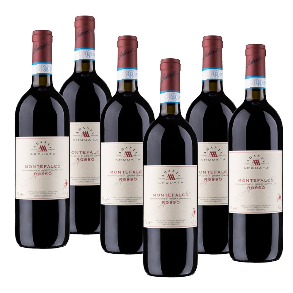 Six Montefalco red wine bottles with white and red label, lined up. Brown caps and blue details.