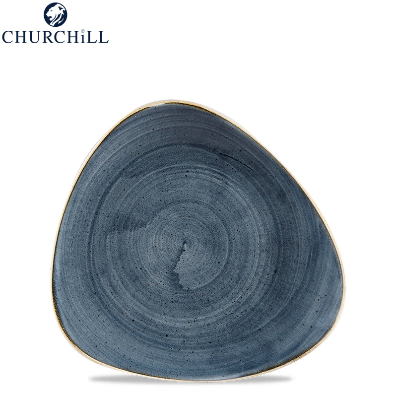 Blauw keramisch driehoekig bord met licht onregelmatige beige rand op witte achtergrond met Churchill-logo in