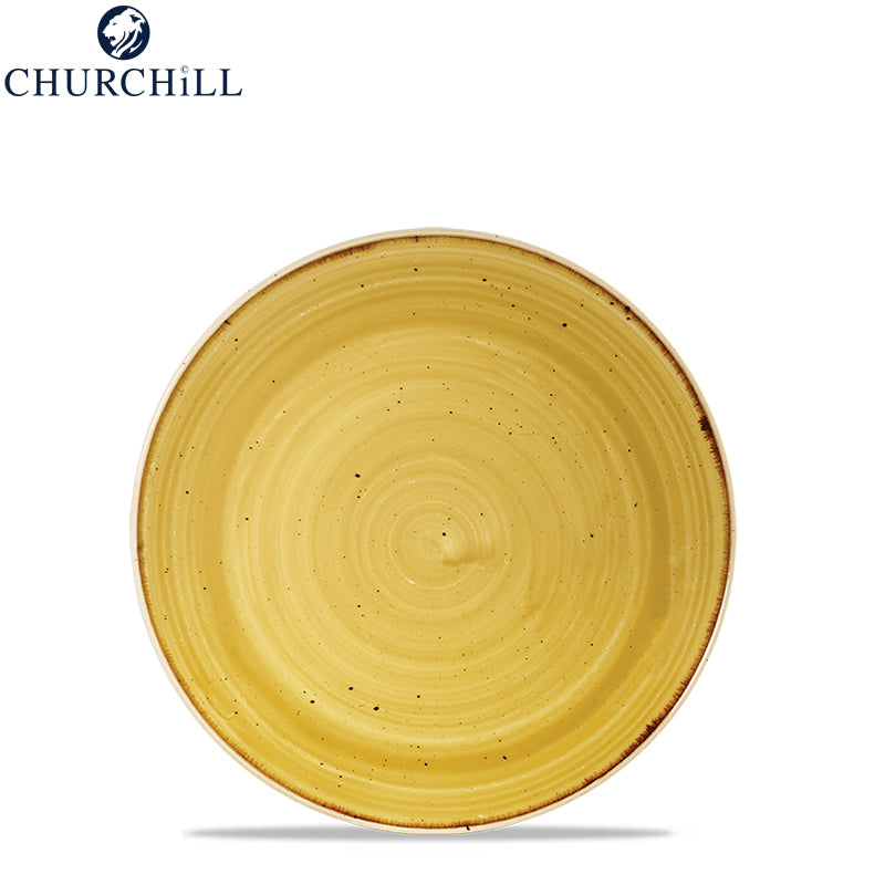 piatto rotondo giallo ocra con bordi marroni irregolari e puntini neri su sfondo bianco con logo Churchill