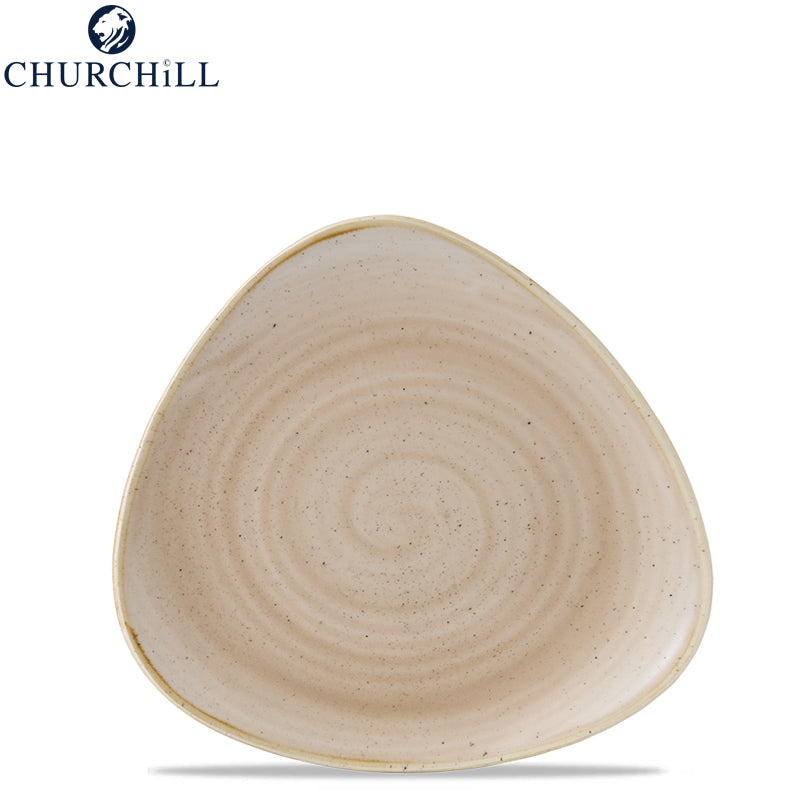 Beige driehoekig bord met licht onregelmatige afwerking en spiraaldecoratie, blauw Churchill-logo op